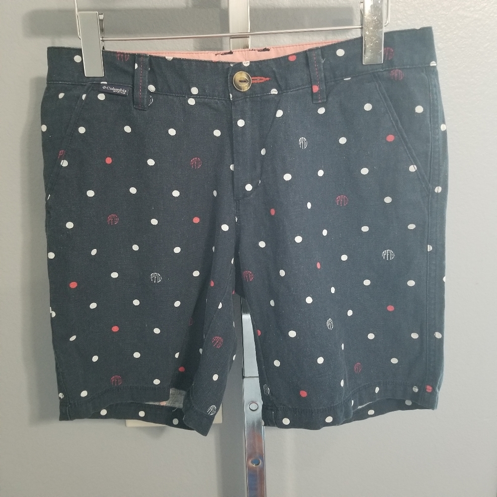 Columbia PFG Fishing Gear Harborside Linen Shorts Navy Blue Polka Dot Women's 4.